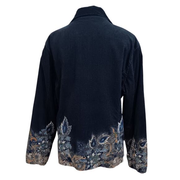 CHICO'S 2 Artsy Corduroy Jacket L Black Lined Pockets Painted Plants Leaves - Picture 2 of 10